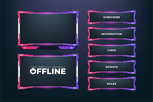 Interfaz de pantalla digital y diseño de borde para jugadores en línea Decoración de superposición de juego abstracta con colores blanco rosa y púrpura Superposición de transmisión futurista con botones y una pantalla fuera de línea
