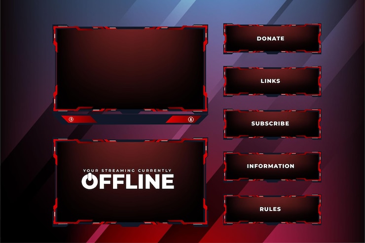 Vector interfaz de pantalla de transmisión de juegos superposición de transmisión en vivo y diseño de vector de panel de pantalla con color rojo diseño de superposición de juegos moderno sobre un fondo oscuro diseño de borde de juego abstracto con botones