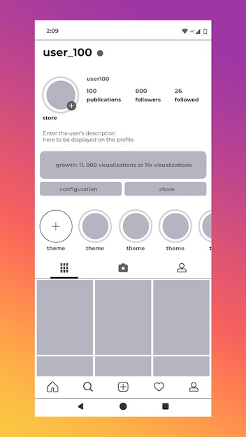 Interfaz de perfil de Instagram que muestra información del usuario, publicaciones, seguidores y opciones para la configuración y el intercambio de temas, con visualizaciones, notificaciones y una navegación inferior.