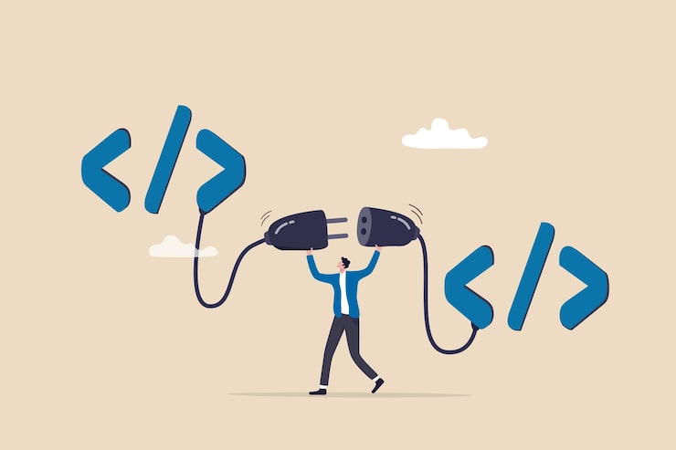 Vector interfaz de programación de aplicaciones api para conectarse entre el software o la codificación de aplicaciones para intercambiar información para el sitio web o el programador de desarrollo de software conectar el enchufe entre el programa de codificación