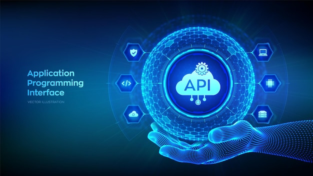 Interfaz de programación de aplicaciones API en forma de esfera con patrón de cuadrícula hexagonal en mano de estructura alámbrica Herramienta de desarrollo de software concepto de tecnología de computación en la nube Ilustración vectorial