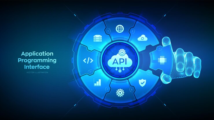 Vector interfaz de programación de aplicaciones api herramienta de desarrollo de software concepto de tecnología de computación en la nube wireframe mano coloca un elemento en una composición visualizando api ilustración vectorial