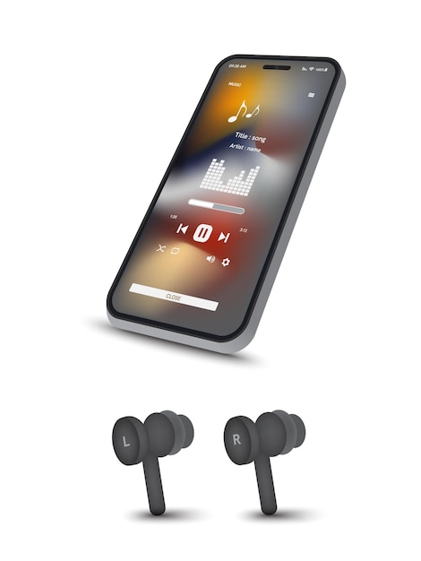 Interfaz realista de reproductor de música en auriculares de teléfonos móviles con fondo blanco