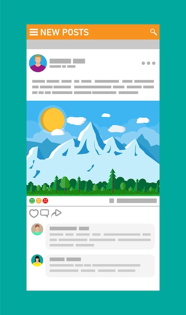 Interfaz de red social. las noticias publican marcos de páginas en dispositivos móviles. los usuarios comentan la foto. maqueta de la aplicación de recursos sociales.