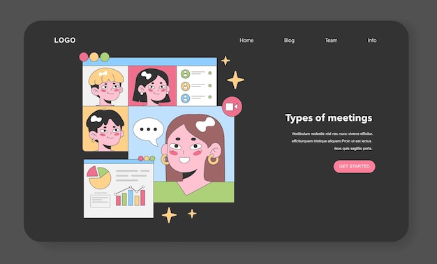 Interfaz de reuniones virtuales que muestra a diversos miembros del equipo con avatares coloridos junto a un