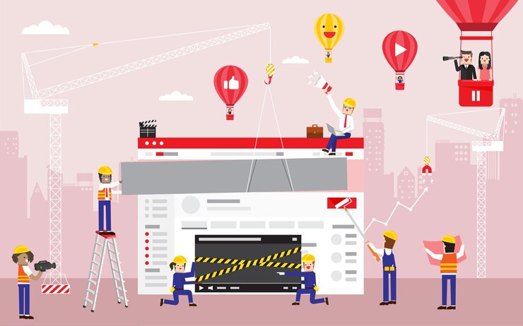 Interfaz de sitio web de video plano vectorial de ilustración en construcción y trabajadores felices construyendo web