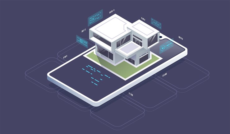 Vector interfaz de tecnología de casa inteligente isométrica en la pantalla de la aplicación del teléfono inteligente con vista ar de realidad aumentada. pequeña casa de pie en la pantalla del teléfono móvil y conexiones inalámbricas