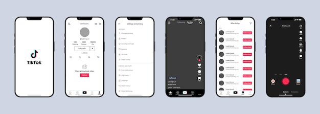 Interfaz de Tik Tok Pantalla de Tik Tok redes sociales plantilla de interfaz de red social Página de inicio recomendaciones de carga perfil de suscripción Transmitir historias Me gustó captura de pantalla Ilustración editorial