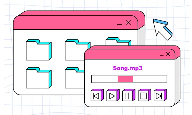 Interfaz de usuario antigua, archivos de copia retro con botones. Elementos de estilo vaporwave y retrowave.