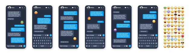 Interfaz de usuario de la aplicación de mensajería de teléfonos inteligentes con emoji SMS marco de texto pantalla de chat burbujas de mensaje azul