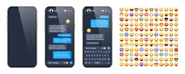 Interfaz de usuario de la aplicación de mensajería de teléfonos inteligentes con emoji SMS marco de texto pantalla de chat burbujas de mensaje azul