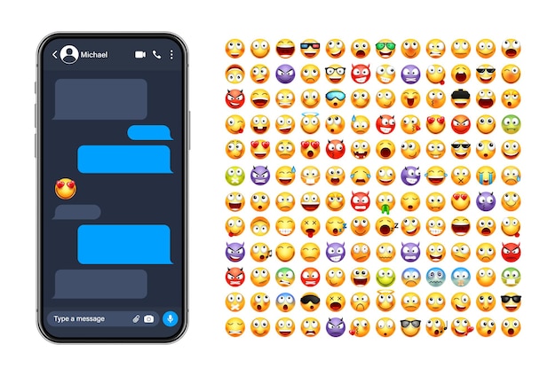 Vector interfaz de usuario de la aplicación de mensajería de teléfonos inteligentes con emoji sms marco de texto pantalla de chat burbujas de mensaje azules