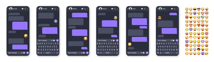 Vector interfaz de usuario de la aplicación de mensajería de teléfonos inteligentes con emoji sms marco de texto pantalla de chat burbujas de mensaje violeta