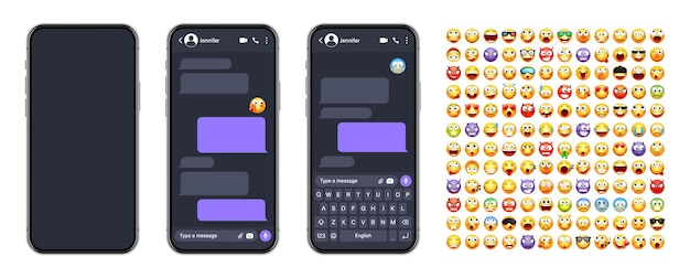 Interfaz de usuario de la aplicación de mensajería de teléfonos inteligentes con emoji sms marco de texto pantalla de chat burbujas de mensaje violeta