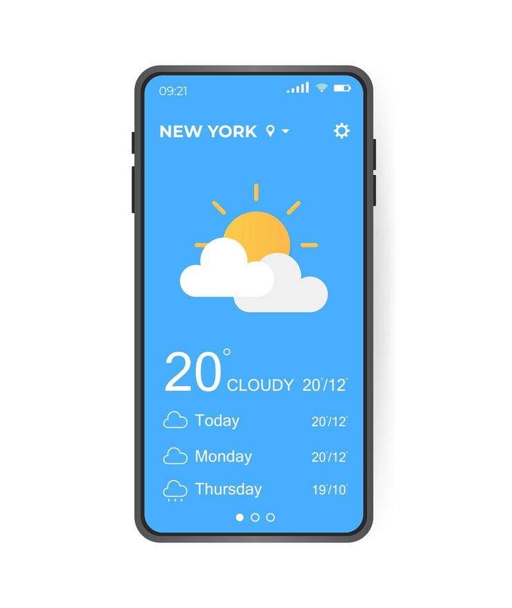 Vector interfaz de usuario de la aplicación meteorológica elementos ui ux teléfono inteligente realista con aplicación meteorológica concepto de ilustración vectorial