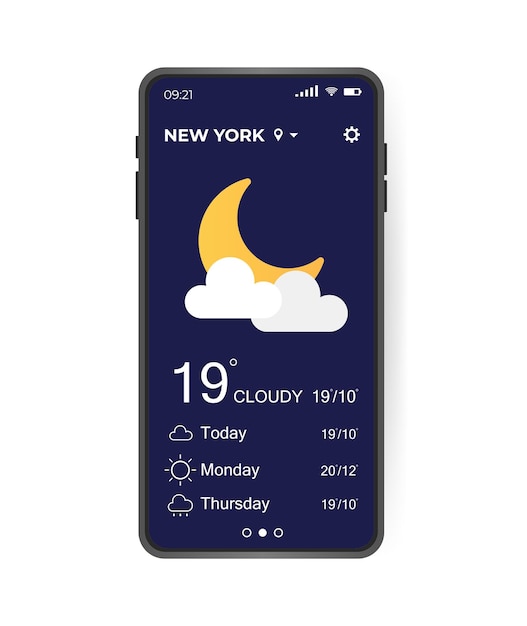 Interfaz de usuario de la aplicación meteorológica Elementos UI UX Teléfono inteligente realista con aplicación meteorológica Concepto de ilustración vectorial