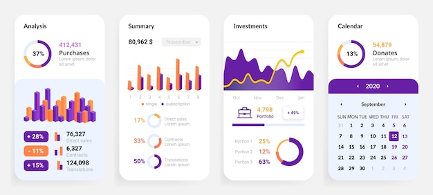 Interfaz de usuario de la aplicación de teléfono Conjunto de tablero móvil Aplicación de teléfono inteligente con estadísticas de inversión y existencias o pronósticos financieros y económicos Diagramas redondos y esquemas interfaz web vectorial