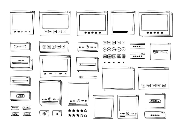 Vector interfaz de usuario dibujada a mano con un boceto en blanco y negro con botón de reproducción multimedia