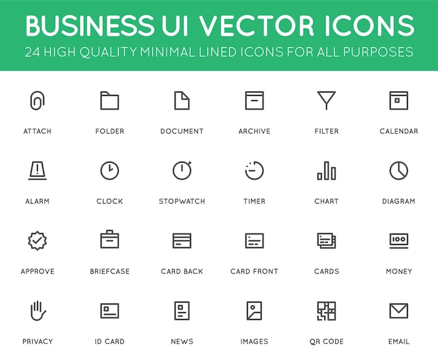 Interfaz de usuario empresarial UI Conjunto de iconos vectoriales Iconos con líneas mínimas de alta calidad para todos los propósitos