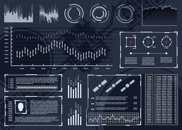 Interfaz de usuario futurista con elementos de infografía.