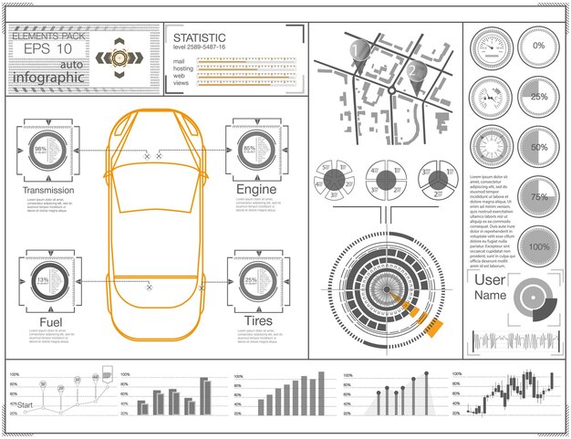 Interfaz de usuario futurista HUD UI Interfaz de usuario táctil gráfica virtual abstracta Infografía de autos
