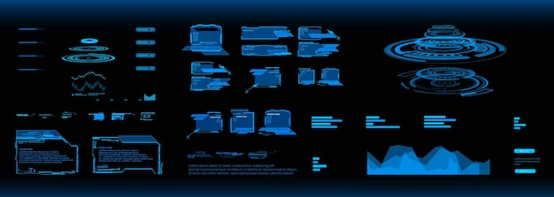 Interfaz de usuario futurista virtual digital Panel virtual con un conjunto de elementos GUI de HUD Marcos de diálogo y paneles de portales de hologramas