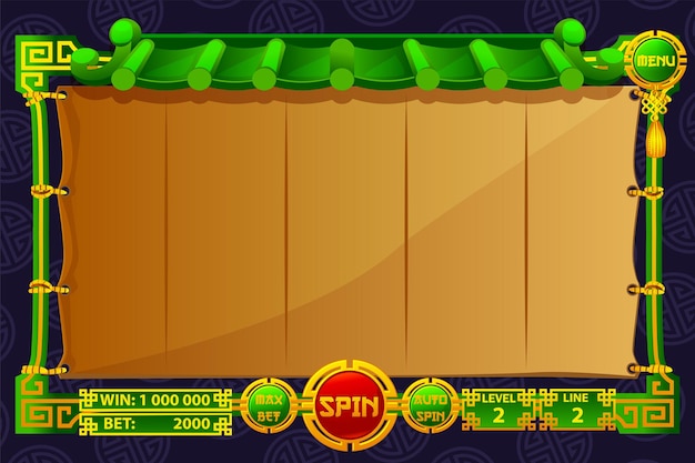 La interfaz de usuario del juego es de estilo de dibujos animados con botones básicos para sus diseños de juego de máquina tragamonedas de casino diseño de UI para el juego de casino con temática china