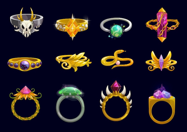 Vector interfaz de usuario del juego de joyería de fantasía de anillos mágicos