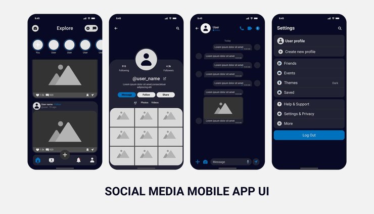 Vector interfaz de usuario oscura de aplicaciones de redes sociales para android e ios