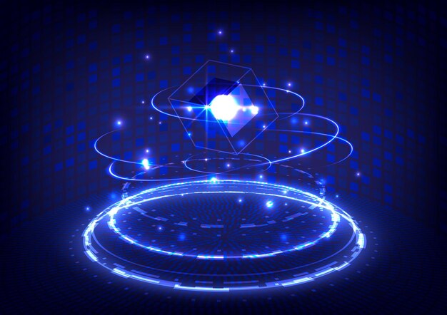 Interfaz de usuario de realidad virtual Portal y holograma ciencia futurista Scifi escenario digital en brillante proyector de tecnología HUD Puerta mágica en el juego fantasía Círculo teletransporte podio Aura etapa para mostrar el producto