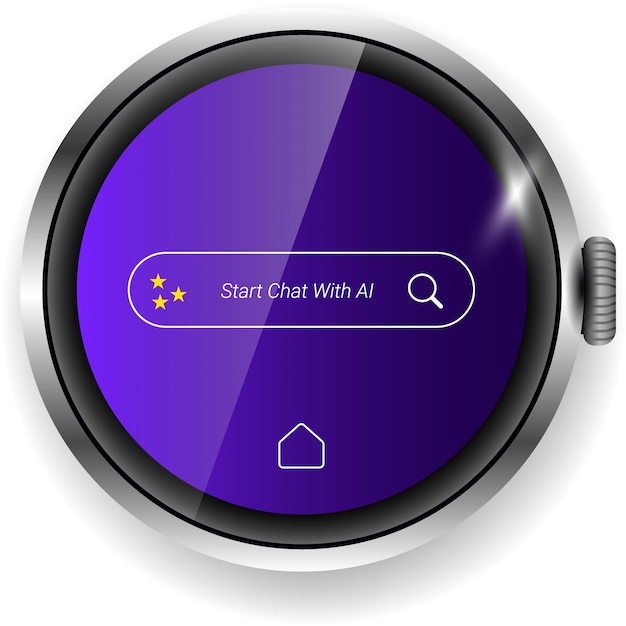 Interfaz de usuario de reloj inteligente moderno con búsqueda de chat de IA en pantalla de gradiente púrpura