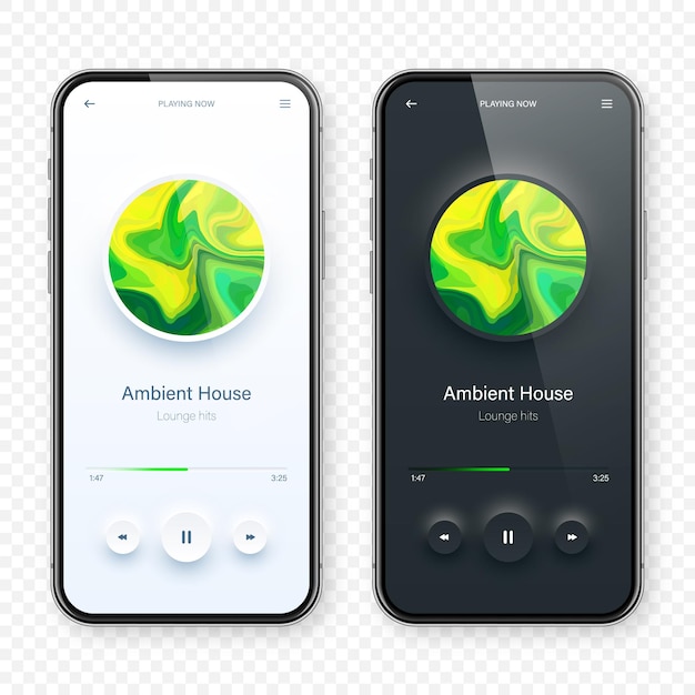 Interfaz de usuario de reproductor de audio en línea aplicación de teléfono inteligente UI diseño de música medios de transmisión y escucha