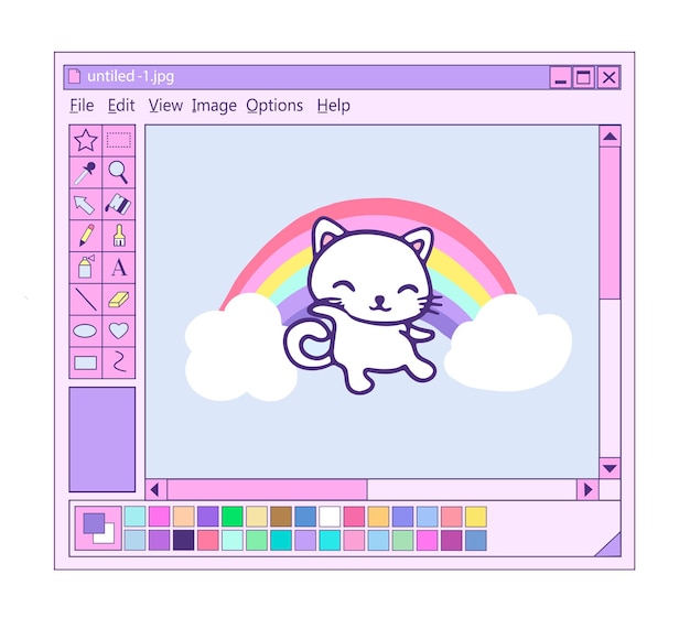 Interfaz de usuario retro con editor gráfico. ilustración pintura digital lindo gato y arco iris