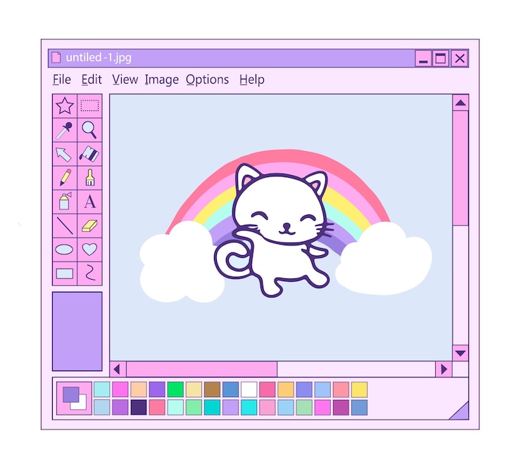 Vector interfaz de usuario retro con editor gráfico. ilustración pintura digital lindo gato y arco iris