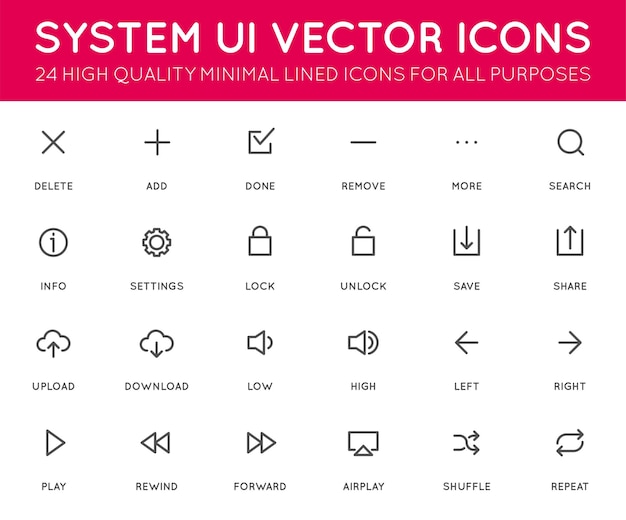 Interfaz de usuario del sistema UI Conjunto de iconos vectoriales Iconos con líneas mínimas de alta calidad para todos los propósitos