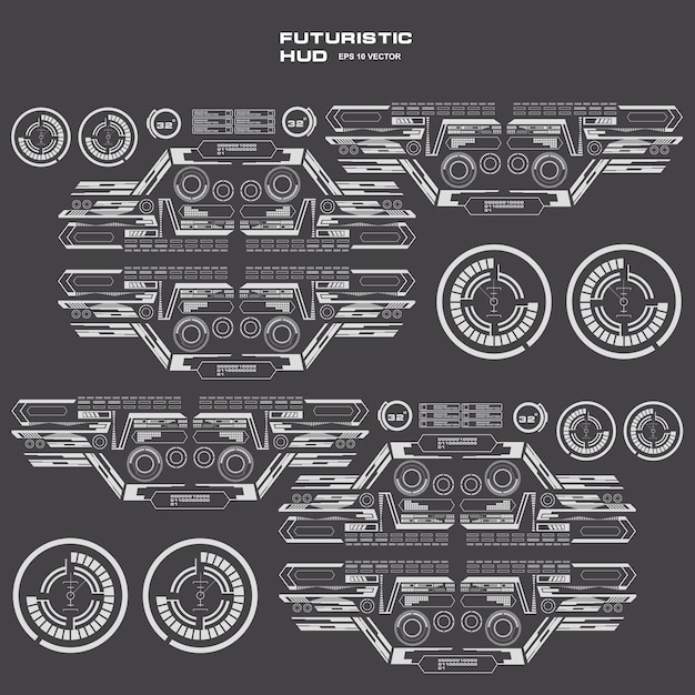 Interfaz de usuario táctil virtual HUD futurista en blanco y negro en diseño plano