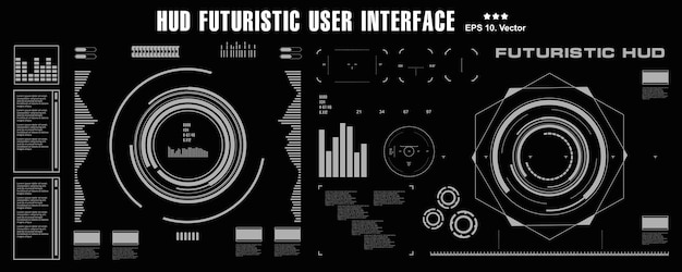 Interfaz de usuario táctil virtual HUD futurista en blanco y negro en el objetivo de pantalla de tecnología de realidad virtual de diseño plano