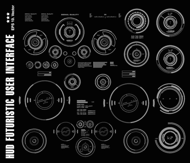Interfaz de usuario táctil virtual HUD futurista en blanco y negro en pantalla de tecnología de realidad virtual de diseño plano