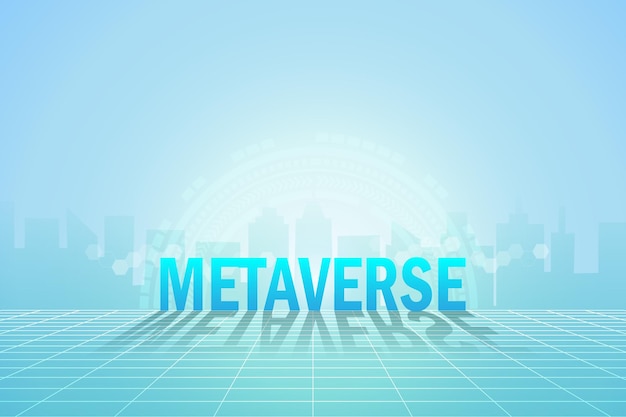 Interfaz de usuario de tecnología de realidad virtual y realidad aumentada de metaverso Experiencia 3D Metaverso de palabra generado por computadora en un entorno futurista de edificios urbanos