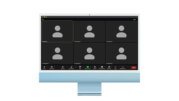 Interfaz de usuario de videoconferencia Seis usuarios Superposición de ventana de llamadas de videoconferencia en elementos de interfaz de usuario de chat de video de escritorio webinar reunión en línea Ilustración vectorial