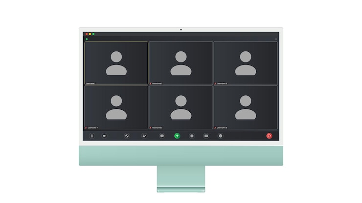 Vector interfaz de usuario de videoconferencia seis usuarios superposición de ventana de llamadas de videoconferencia en elementos de interfaz de usuario de chat de video de escritorio webinar reunión en línea ilustración vectorial