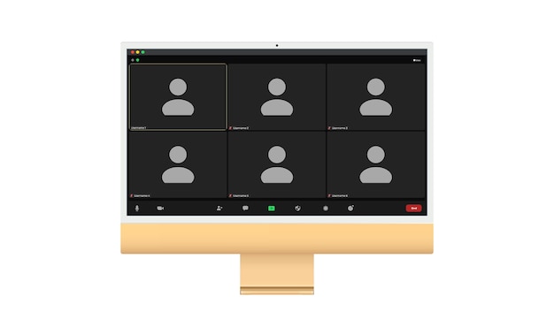 Interfaz de usuario de videoconferencia Seis usuarios Superposición de ventana de llamadas de videoconferencia en elementos de interfaz de usuario de chat de video de escritorio webinar reunión en línea Ilustración vectorial