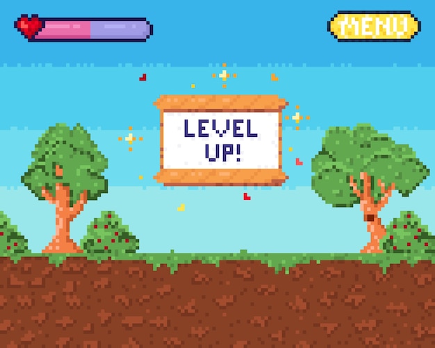 Interfaz de videojuego retro bit con texto de nivel de juego de computadora