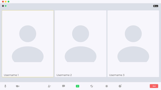Interfaz de videollamada pantalla vector plantilla web chat ui Ventanas de videollamada de conferencia en línea o seminario web con botones e iconos de usuario computadora o aplicación de teléfono móvil comunicación remota