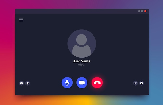 Interfaz de videollamada ui vectorial de pantalla de llamada de chat de video computadora de escritorio portátil y aplicación de teléfono móvil Superposición de ventana de videollamada entrante de conferencia en línea o seminario web con ícono y botones de usuario