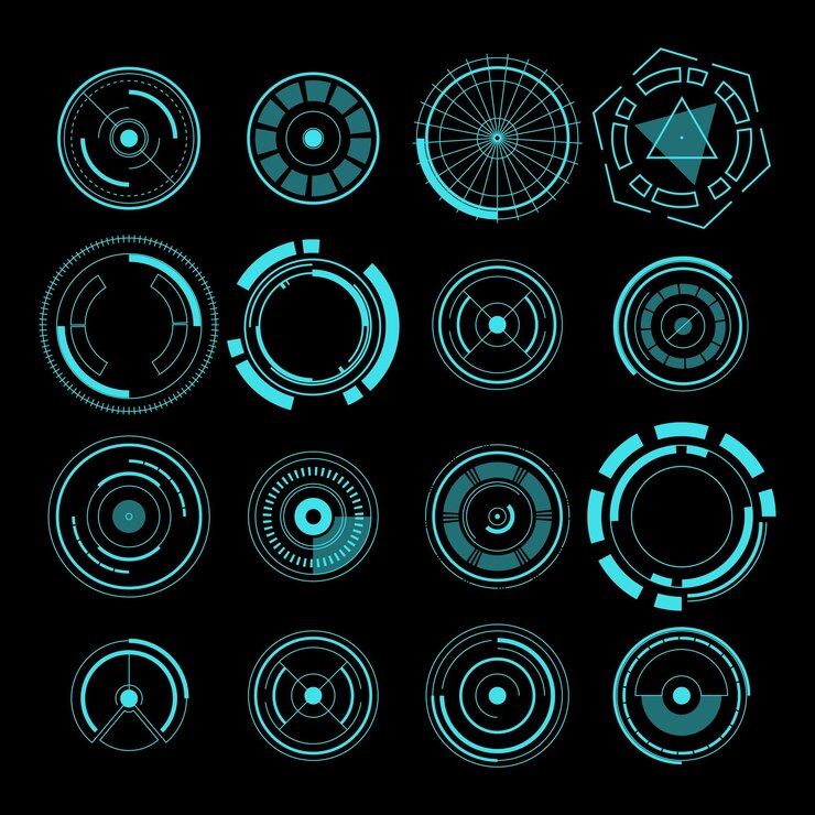 Vector interfaz virtual de radar de neón tecnología de visor de juego digital tecnología gps objetivo de la pantalla hud de la interfaz de juego de neón el conjunto de elementos vectoriales cibernéticos de la barra gráfica futurista del botón ai