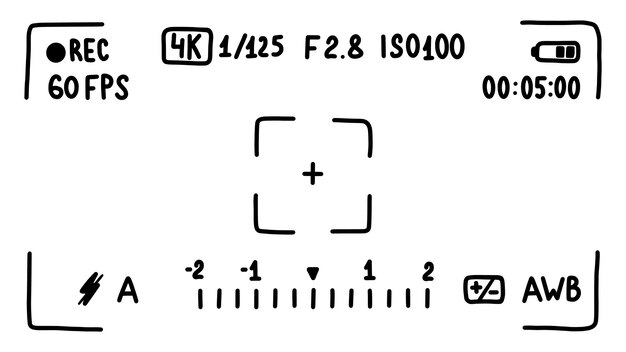 Interfaz de visor de cámara, pantalla. modo película. esbozo de estilo doodle. ilustración vectorial.
