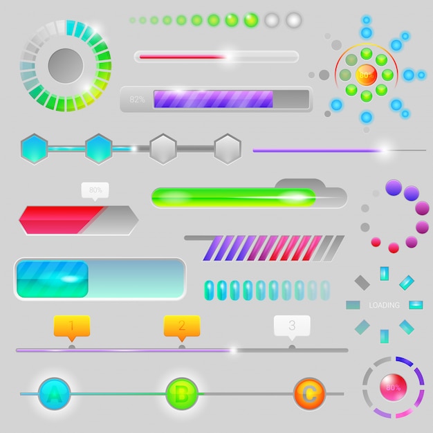 Vector interfaz web progresiva de la barra de progreso para cargar el indicador de progreso de carga o descarga del conjunto de ilustración de indicación de carga o descarga aislado en el fondo