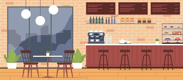 Vector interior acogedor de una cafetería moderna con sillas y mesa pastel y postres en la nevera máquina de café en el mostrador de la barra muebles modernos menú en la pared concepto de vector aislado plano de dibujos animados