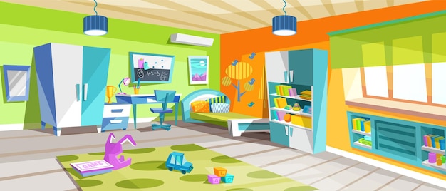 Interior acogedor de dormitorio para niños con muebles vegetales cama iluminación brillante ventana lugar de trabajo y área de estudio Interior de habitación infantil con computadora de mesa estantería de libros juguetes ilustración de dibujos animados